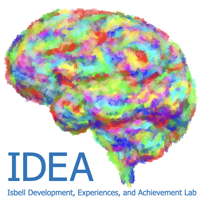 The logo for the IDEA lab. The logo shows a colorful drawing of a human brain. Below the brain it says Isbell Development, Experiences, and Achievement Lab